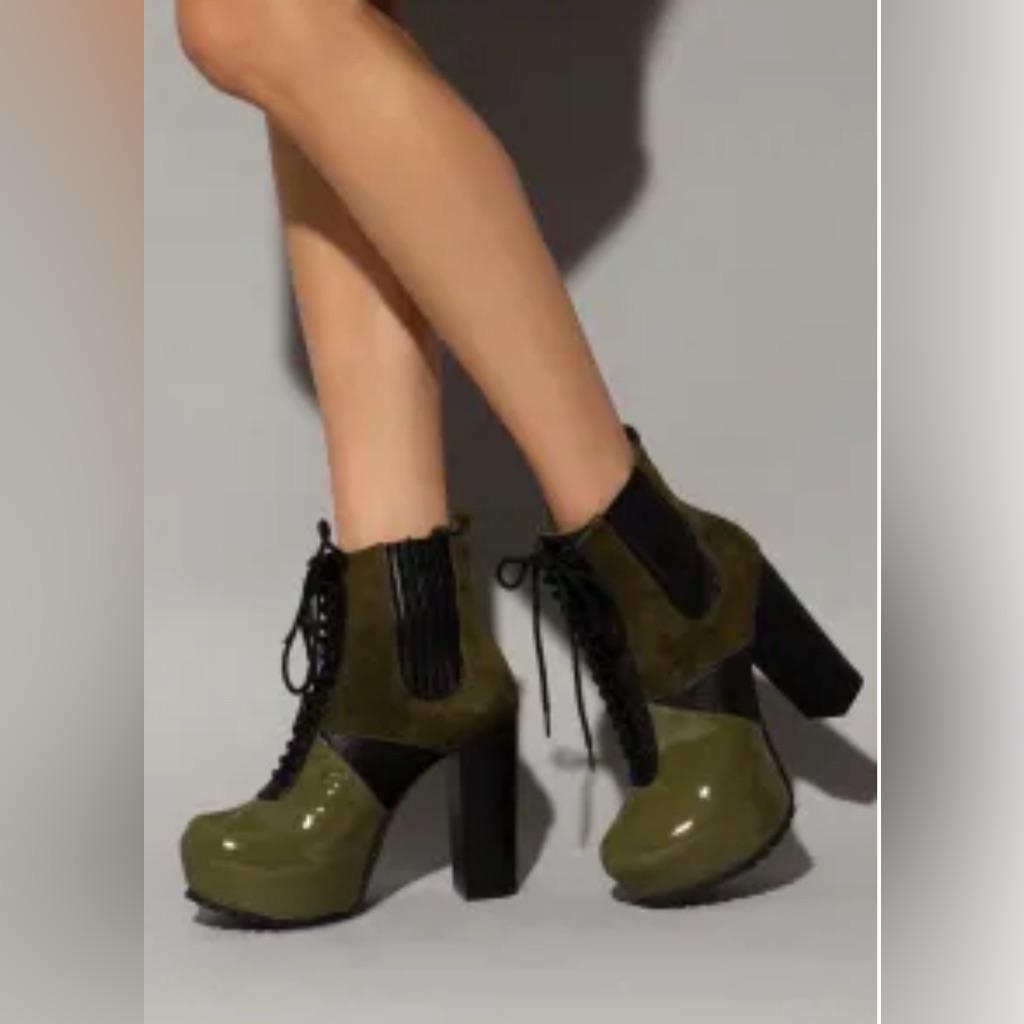 Matiko Ai Olive Green Colorblock Leather Lace Up Platform Heeled Boots Sz: 10
